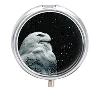 Snowy Owl Pill Box 3 Compartment Travel Pill Organizer 3 Times A Day Cute Mini Pill Case for Purse & Pocket Portable Metal Medicine Box with Mirror Round Daily Medicine Vitamin Container