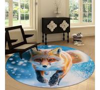 Snowy Snowflakes Animals Fox Machine Washable Round Area Rug 120 cm, Light Blue Printed Circular Rug Non-slip Carpet - Soft Short Pile Carpet Floor Decorate for Living Room Bedroom Playroom