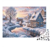 Snowy Town Stream Jigsaw Puzzle for Game 1000 Pieces Winter Dusk Anxiety Relief Secret Santa Small Gift Idea for Couples 70x50cm/1000pcs