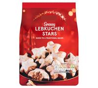 Snowy Traditional Lebkuchen Stars, German Spiced Christmas Cookies with Dark Chocolate and Sugar Glaze, 250g