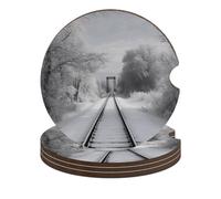 Snowy Train Tracks Car Coasters, 4PCS Non-Slip Car Cup Holder Coasters with Cork Base, Heat Resistant & Waterproof Drink Coaster for Women Men