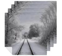 Snowy Train Tracks Cloth Napkins 18 X 18 Inch, 4 PCS Polyester Napkins, Soft & Absorbent Cloth Dinner Napkin for Wedding, Party, Restaurant, Elegant Table Decor