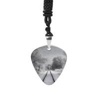 Snowy Train Tracks Guitar Pick Holder Necklace for Women, Personalized Bass Pick Pendant for Men, Rock Music Picks Necklace with Chain for Party, Music Inspired Gift