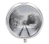Snowy Train Tracks Metal Pill Organizer, 3 Compartment Waterproof Pill Case with Mirror for Purse Pocket Bag, Daily Medicine Vitamin Holder, Portable Travel Med Container(Round)