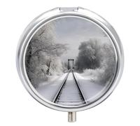 Snowy Train Tracks Pill Box Cute Round Pill Case Portable Medicine Tablet Vitamin Holder Organizer for Purse Pocket