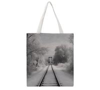Snowy Train Tracks Tote Bag, Aesthetic Canvas Tote Bag Reusable Grocery Shopping Bag for Women Men