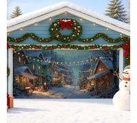 Snowy Village Garage Door Cover, Winter Wonderland Holiday Decorations, Large 7ft X 16ft Xmas Outdoor and Indoor Party Backdrop 157x71 Inch