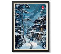 Snowy Village In Sapporo Anime Woodblock Poster Print, Cartoon Manga Edo Aesthetic Wall Art Japanese Wall Art Bedroom Home Decor, A3 (Black Frame) - 45x32.8cm