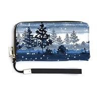 Snowy Winter Forest Blue Watercolor Long Clutch Wallet, Long Handbag with Removable Wristlet Strap, PU Leather Zip Purse, Credit Pass Case Card-Holder for Men Women