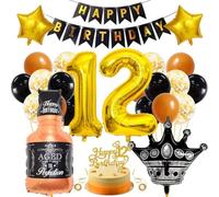 SNOWZAN 12th Birthday Decoration Boy Girl Black Gold Balloons Cake Decoration 12th Birthday Decoration 12th Birthday Girl 12th Balloons Happy Birthday Banner 12 Years Happy Birthday Decoration