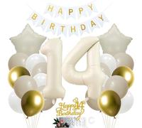 SNOWZAN 14th Birthday Decoration for Girls and Boys - White Gold Cake Topper and Party Supplies for 14 Years Old