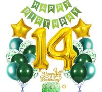 SNOWZAN 14th Birthday Decoration Set Green Gold for Girls and Boys - With Happy Birthday Banner