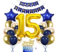 SNOWZAN 15th Birthday Balloon Decoration - Navy Gold Birthday Cake Decoration Banner for Boy & Girl