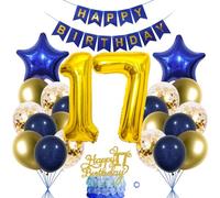 SNOWZAN 17th Birthday Decoration - Navy Gold Birthday Cake Decoration Balloons & Banner for Boy & Girl