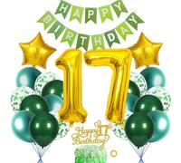 SNOWZAN 17th Birthday Decoration Set Green Gold for Girls and Boys - With Happy Birthday Banner