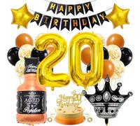 SNOWZAN 24pc Black Gold 20th Birthday Balloons & Decorations - Happy Birthday Banner, Foil & Latex Balloons, Number Cake Decoration, Balloon Ribbon - Unisex - Kids & Adults