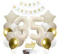 SNOWZAN 35th Birthday Decoration: Girl Boy Cake Topper, Balloons, Banner, Ribbon - White Gold, Starry Birthday, 25 Count