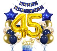 SNOWZAN 45th Birthday Decorations - Blue & Gold Women & Men's Decoration Set with Balloons, Garland & Cake Toppers