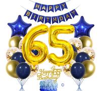 SNOWZAN 65th Birthday Decorations Blue Gold for Women and Men - Balloon Garland and Cake Decoration Set
