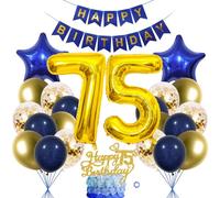 SNOWZAN 75th Birthday Blue Gold Decorations - Men's Balloon Garland, Cake Decoration