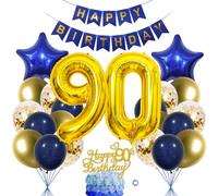 SNOWZAN 90th Birthday Decorations - Blue & Gold Women & Men Decoration Set with Balloons, Garland & Cake Toppers