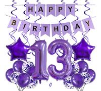 SNOWZAN Purple 13th Birthday Numbers Balloons, Pack of 25 with Banner, Latex & Foil, XL 40 Inch, Star-Shaped, Confetti, Spiral Ornaments
