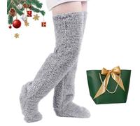 Snrtevu Goose Down Knee Socks for Christmas, Socks Long Fuzzy Thigh High Warm, Plush Knee High Sock for Women, Winter Fuzzy Thermal Home Sleeping Sock (Light gray)