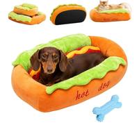 Snrtevu Hot Dog Dog Bed, Soft Plush Small Cute and Warm Cozy Food Dog Cat Bed, Funny Plush Sausage Bun Pet Sofa Nest with Non-slip, Removable & Washable (80cm*70cm*21cm)