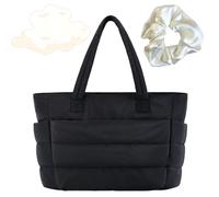 Snrtevu Lightweight Puffy Tote Bag, Lightweight Fluffy Handbag with Compartments, Puffer Tote Bag for Women For Daily Work Travel (Black)