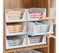 SNSLXH 5 Pack Wardrobe Storage Organiser, Stackable & Foldable Closet Organisers for Bedroom Bathroom Laundry Room Wardrobe Storage, Space-Saving Clothes Storage Drawer Organiser Basket, White