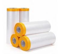 SNSYGN 5 Rolls Masking Tape with Plastic Sheet, 2.4M X 20M Pre-Taped Dust Sheet Roll Self-Adhesive Paint Protection Film for Auto Wall Furniture Painting and Spraying Protection