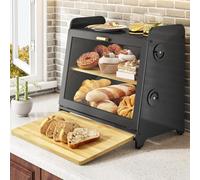 SNTD Bread Box, Wooden Bread Storage Container for Kitchen Countertop with Bamboo Cutting Board, Black (L)