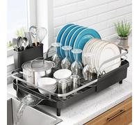 SNTD Dish Drying Rack, Expandable Dish Rack for Kitchen Counter, Stainless Steel Dish Drainer with Drainboard Set and Utensil Holder (Black)