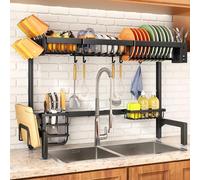 SNTD Over The Sink Dish Drying Rack with Fruit Basket, 2-Tier Kitchen Counter Dish Drainer Rack Adjustable (33.8 to 41.5 inch), Expandable Utensil Holder Caddy Metal Hook, Black