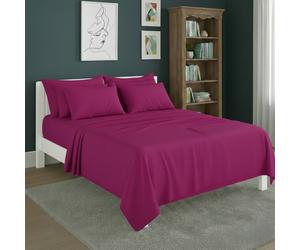 Snug City Plain Poly Cotton Easy Care Fitted Flat Sheet Matching Pillowcases Set in Fuchsia | Size: Super King Snug City Fuchsia Super King