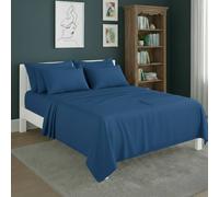 Snug City Plain Poly Cotton Easy Care Fitted Flat Sheet Matching Pillowcases Set in Mid Blue | Size: King Snug City Mid Blue King