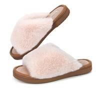 Snug Leaves Ladies' Deluxe Fluffy Memory Foam Slip on Slippers Cozy Faux Fur Lined Open Toe House Slides with Anti-Slip Indoor Outdoor Rubber Sole Beige,Size 9-10 UK
