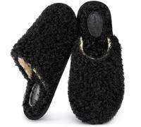 Snug Leaves Women's Scuff Slippers Furry Cute Curly Faux Wool Slip-on Indoor Memory Foam House Shoes Dark Black, 7-8 UK