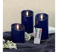 SNUGBLAKI Blue Flameless Candles with Remote Timer, Real Wax LED Candles Flickering, 3D Wick Fake Candles Candles Battery Operated for Home Living Room Wedding Party Gifts, Navy Blue Decor, Set of 3
