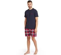 Snuggaroo Mens Short Sleeve T-Shirt Check Shorts Pyjama Set - Navy/Red - 2XL