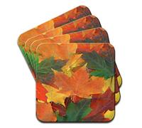 Snuggle Autumn Fall Season Leaves Fall in Yellow Brown Set Of 4 Premium Wooden Coasters