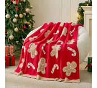 Snuggle Sac Christmas Gingerbread Man Throw Blanket Red Candy Cane Blanket 50x60 inches, Ultra Soft Reversible Cozy Throw Blanket for Couch, Sofa and Bed for Xmas