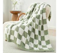 Snuggle Sac Sage Green Checkered Throw Blanket Faux Fur Knitted with Microfiber Yarn, Cozy Soft Warm Blankets for Couch,Sofa Bedroom, Living Room,Sage Green Checker,50x60 inches,