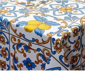 Snugglemore Spanish Tile Lemon/Blue PVC Tablecloth Outdoor, Garden, Kitchen Available in 4 Sizes Wipe Clean (135cm Round)
