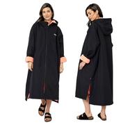 Snuggz Changing Robe Black and Coral Unisex Adult S/M - Oversized Dry Changing Robe, Showerproof & Wind-Resistant Hooded Surf Poncho, Long Sleeve with Two-Way Zip - Outdoor Fleece Jacket