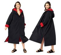 Snuggz Changing Robe Black and Red Unisex Adult S/M - Oversized Dry Changing Robe, Showerproof & Wind-Resistant Hooded Surf Poncho, Long Sleeve with Two-Way Zip - 100% Polyester Outdoor Fleece Jacket