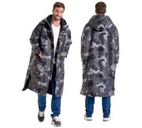 Snuggz Changing Robe Grey Camo Men Adults S/M - Oversized Dry Robe, Showerproof Swim Coat, Wind-Resistant Hooded Surf Poncho, Long Sleeve with Two-Way Zip - 100% Polyester Outdoor Fleece Jacket