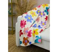 Snuggz Fleece Throw Blanket Reversible Cream Flower Power Print & Soft Borg Fleece 130x180 cm Machine Washable Perfect for Sofa & Bed Multicoloured Design 100% Polyester