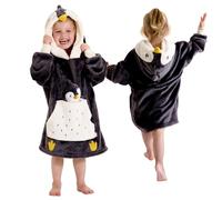 Snuggz Penguin Pocket Pal Black Hooded Blankets with Cuddly Plush Toy - Oversized Hoodie Blanket Fleece Design with 3D Details & Ribbed Cuffs Fun & Colourful Machine Washable - Kids Small (3-5 Years)