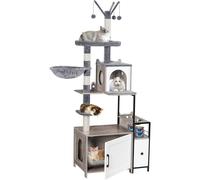 Snughome Cat Tree with Litter Box Enclosure, 3-in-1 Modern Cat Tower for Indoor Cats, 67.32’’ Hidden Cat Litter Box Furniture with Cat Condo, Food Station and Hammocks, All-in-one Cat Furniture